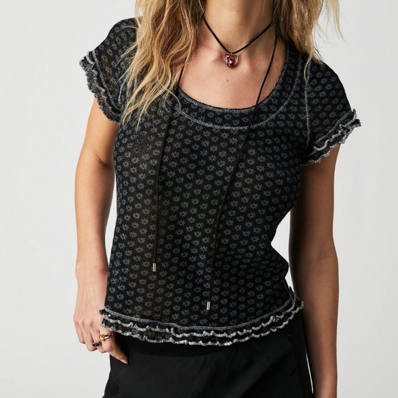 Free People Garner Tee Black Combo Size Small Floral Semi-Sheer - Picture 1 of 6